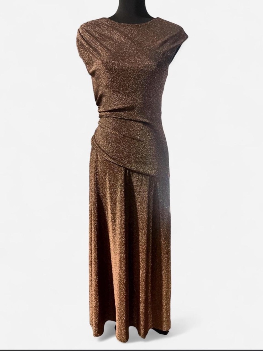Maggy London Metallic Bronze Midi Dress with Draped Waist
